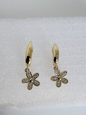 Gold Plated Flower Drop Hoop Earrings CZ Dainty Floral Dangle Earrings